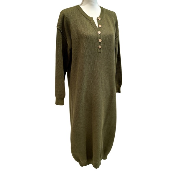 NWOT Long Knit Sweater Dress- Army Green | Button V-Neck + Long Sleeves (M) - Picture 6 of 16